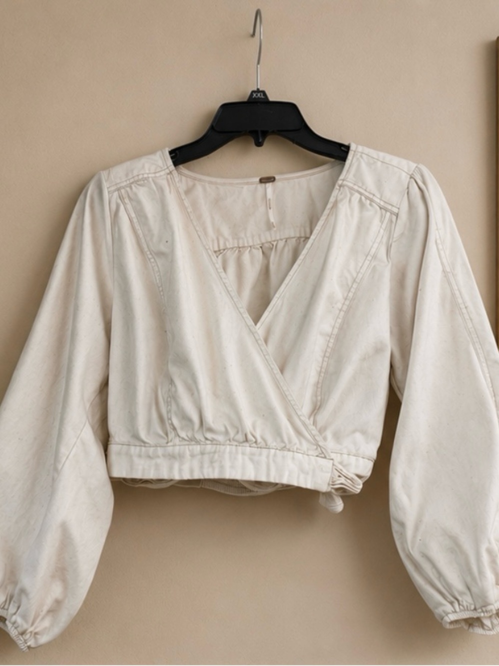 Free People Cream Wrap-Front Long Sleeve Crop Top
